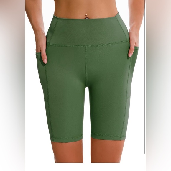 Apexup High Waist, Spandex Yoga Shorts w/Side Pockets-Size Small-Olive Green - Picture 2 of 6